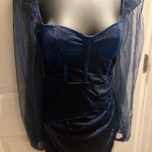 Elegant Navy Blue Sheer Sleeve Lingerie